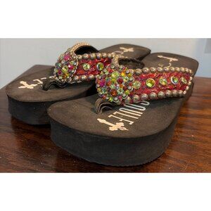 Gypsy Soule Womens Rhinestone Embellished Black Flip Flops Red Snakeskin Straps